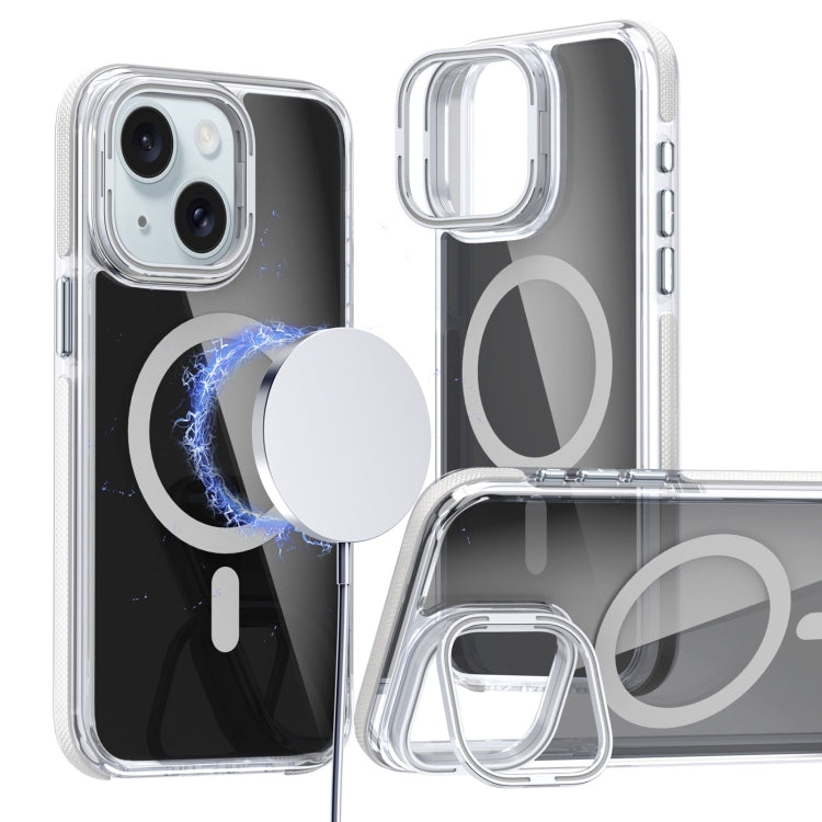 For iPhone 15 Plus Magsafe Dual-Color Transparent Black Lens Holder Phone Case(White) - iPhone 15 Plus Cases by buy2fix | Online Shopping UK | buy2fix