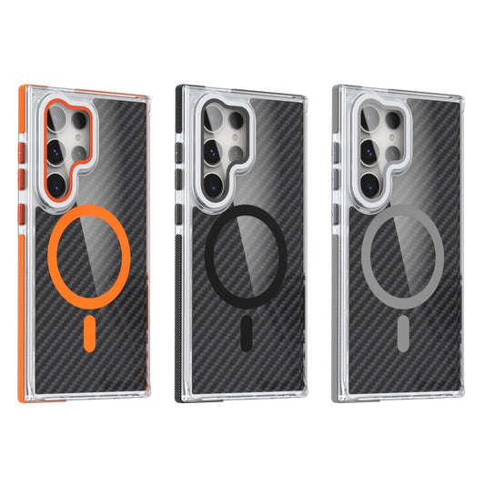 For Samsung Galaxy S24 Ultra 5G Magsafe Dual-Color Carbon Fiber Lens Film Phone Case with Lens Fold Holder(Orange) by buy2fix