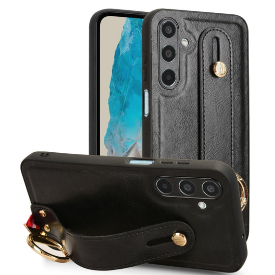 For Samsung Galaxy M35 5G Wristband Leather Back Phone Case(Black)