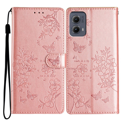 For Motorola Edge 2024 Butterflies and Flowers Leather Phone Case(Rose Gold) by buy2fix