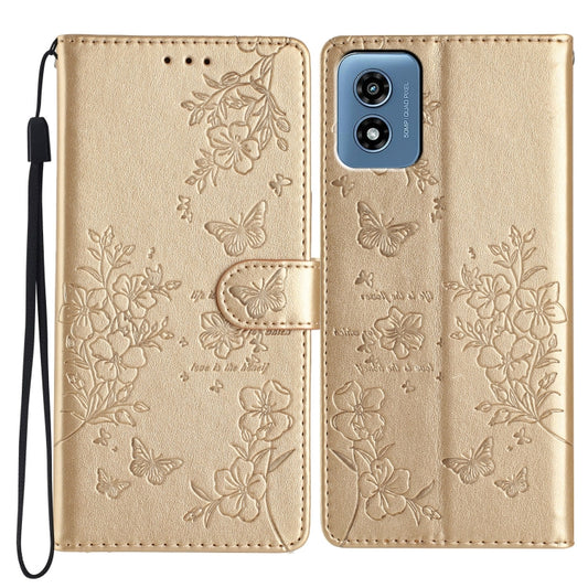 For Motorola Moto G Play 5G 2024 Butterflies and Flowers Leather Phone Case(Gold) by buy2fix