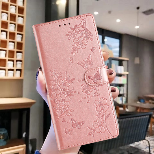 For Motorola Moto G Play 5G 2024 Butterflies and Flowers Leather Phone Case(Rose Gold) by buy2fix