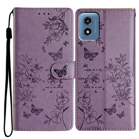 For Motorola Moto G Play 5G 2024 Butterflies and Flowers Leather Phone Case(Purple) by buy2fix