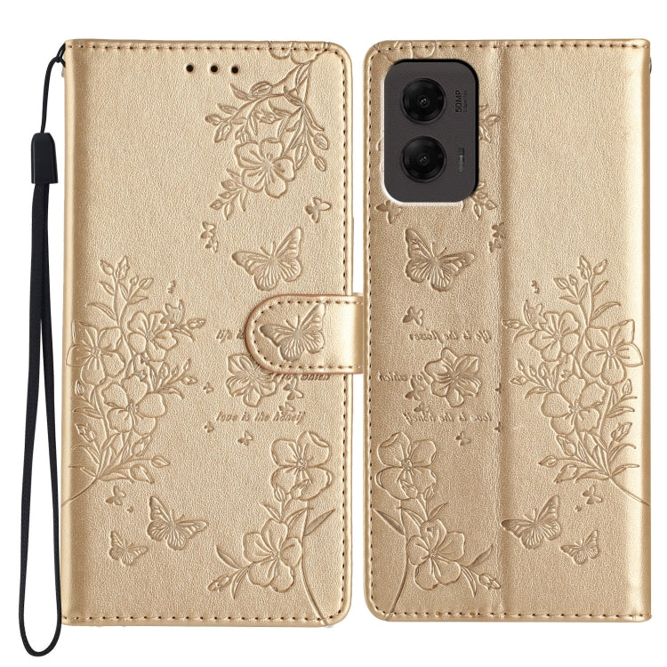 For Motorola Moto G Stylus 5G 2024 Butterflies and Flowers Leather Phone Case(Gold) - Motorola Cases by buy2fix | Online Shopping UK | buy2fix