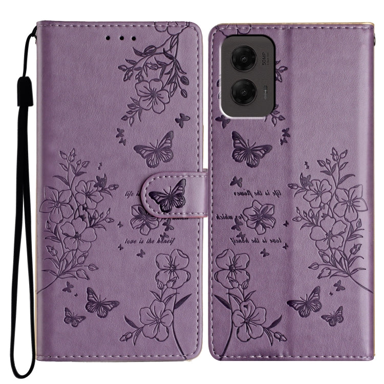 For Motorola Moto G Stylus 5G 2024 Butterflies and Flowers Leather Phone Case(Purple) - Motorola Cases by buy2fix | Online Shopping UK | buy2fix