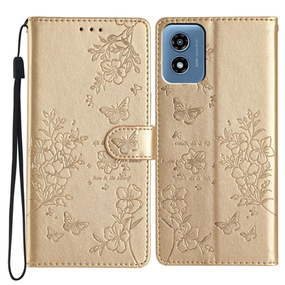 For Motorola Moto G Play 2024 Butterflies and Flowers Leather Phone Case(Gold) - Motorola Cases by buy2fix | Online Shopping UK | buy2fix