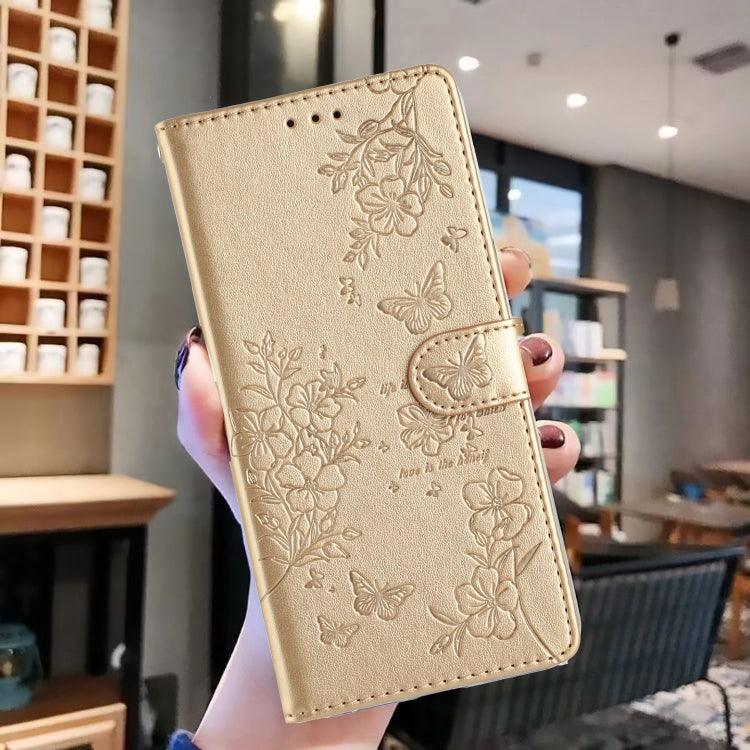 For Motorola Moto G Play 2024 Butterflies and Flowers Leather Phone Case(Gold) - Motorola Cases by buy2fix | Online Shopping UK | buy2fix