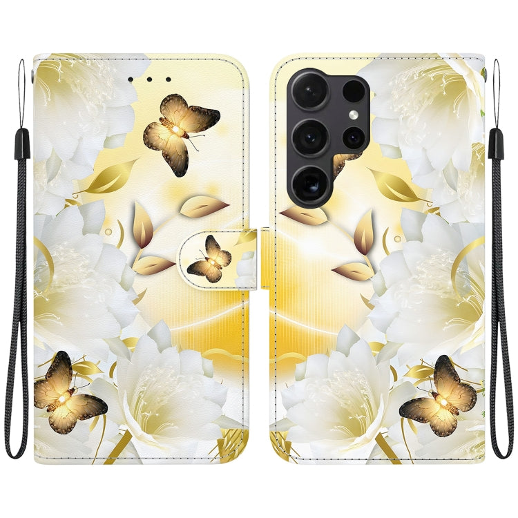 For Samsung Galaxy S25 Ultra 5G Crystal Texture Colored Drawing Leather Phone Case(Gold Butterfly Epiphyllum) by buy2fix
