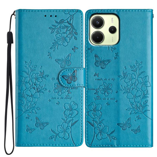 For Redmi Note 14 4G 164.84mm Butterflies and Flowers Leather Phone Case(Blue)