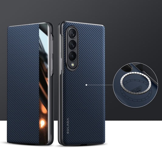 For Samsung Galaxy Z Fold4 SULADA Kevlar 600D Texture Smart Window Leather Phone Case(Blue) - Galaxy Z Fold4 5G Cases by SULADA | Online Shopping UK | buy2fix