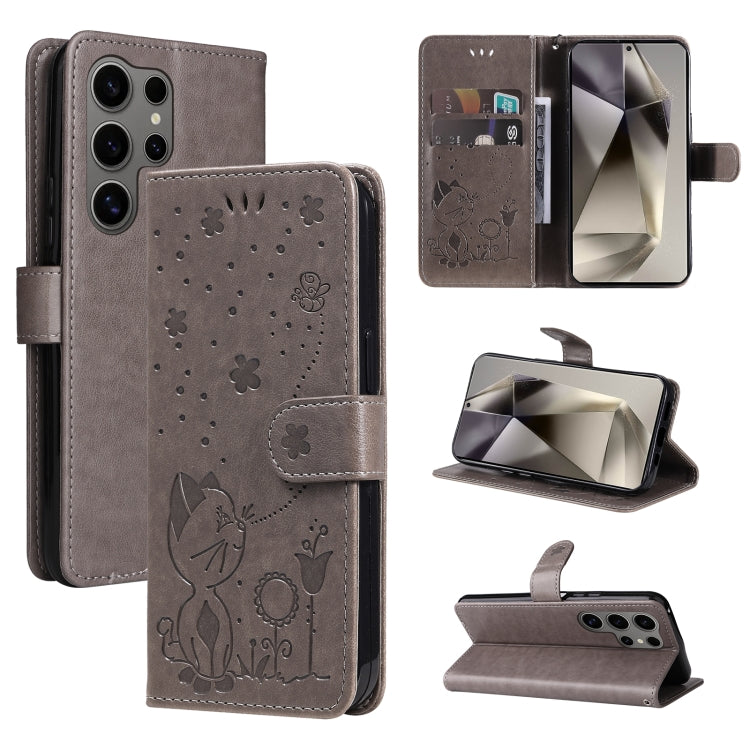 For Samsung Galaxy S25 Ultra 5G Cat and Bee Embossed Flip Leather Phone Case(Grey) - Galaxy S25 Ultra 5G Cases by buy2fix | Online Shopping UK | buy2fix