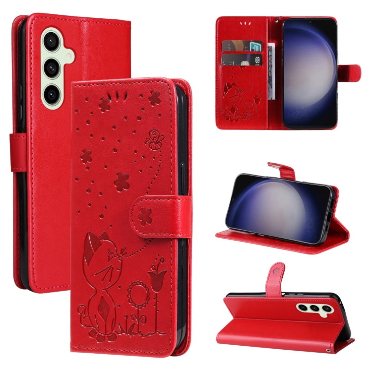 For Samsung Galaxy S25+ / S24+ 5G Cat and Bee Embossed Flip Leather Phone Case(Red) by buy2fix