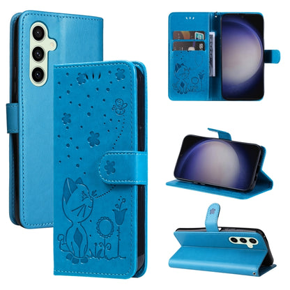 For Samsung Galaxy S25+ / S24+ 5G Cat and Bee Embossed Flip Leather Phone Case(Blue) - Galaxy S25+ 5G Cases by buy2fix | Online Shopping UK | buy2fix