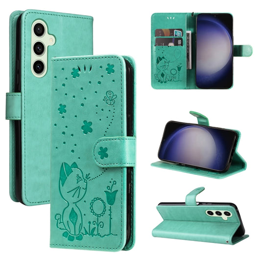 For Samsung Galaxy S25+ / S24+ 5G Cat and Bee Embossed Flip Leather Phone Case(Green) by buy2fix