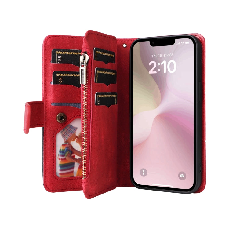 For iPhone SE 2024 Dual-color 9 Card Slots Zipper Wallet Leather Phone Case(Red) - More iPhone Cases by buy2fix | Online Shopping UK | buy2fix