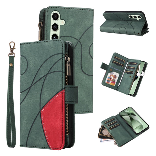 For Galaxy S24 FE 5G Dual-color 9 Card Slots Zipper Wallet Leather Phone Case(Green)