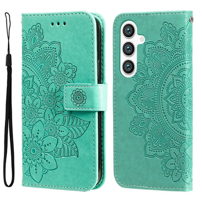 For Samsung Galaxy S25+ 5G Seven-petal Flowers Embossing Leather Phone Case(Green) by buy2fix