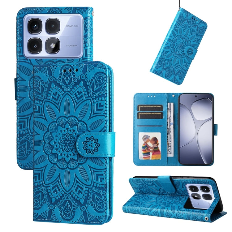 For Redmi K70 Ultra Embossed Sunflower Leather Phone Case(Blue) - Xiaomi Cases by buy2fix | Online Shopping UK | buy2fix