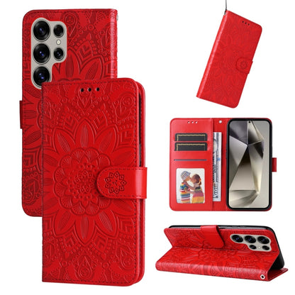 For Samsung Galaxy S25 Ultra 5G Embossed Sunflower Leather Phone Case(Red) - Galaxy S25 Ultra 5G Cases by buy2fix | Online Shopping UK | buy2fix