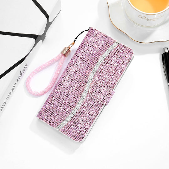 For Samsung Galaxy Note 20 Ultra Glitter Powder Horizontal Flip Leather Case with Card Slots & Holder & Lanyard(Pink)