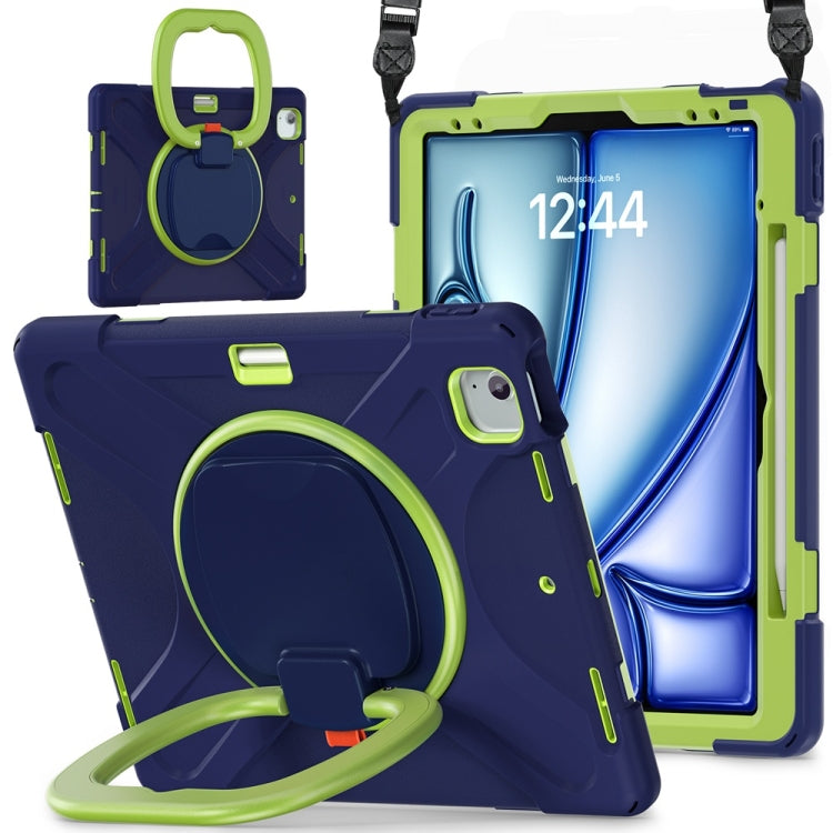 For iPad Air 13 2024 / Air 13 2025 Silicone Hybrid PC Tablet Case with Holder & Shoulder Strap(Navy Blue Lime) by buy2fix
