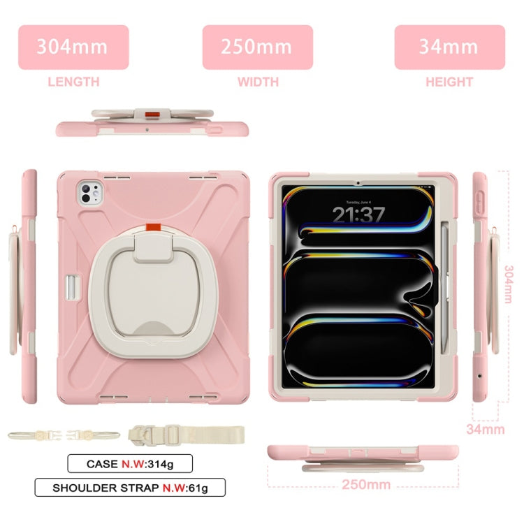 For iPad Pro 13 2025 / 2024 Silicone Hybrid PC Tablet Case with Holder & Shoulder Strap(Cherry Blossom Pink) by buy2fix