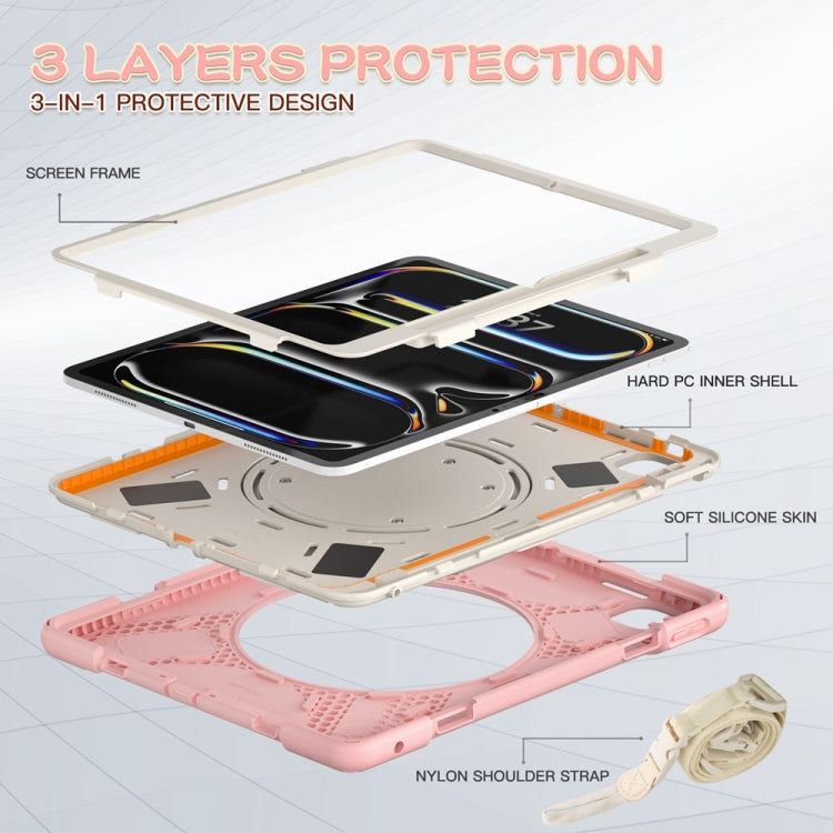 For iPad Pro 13 2025 / 2024 Silicone Hybrid PC Tablet Case with Holder & Shoulder Strap(Cherry Blossom Pink) by buy2fix