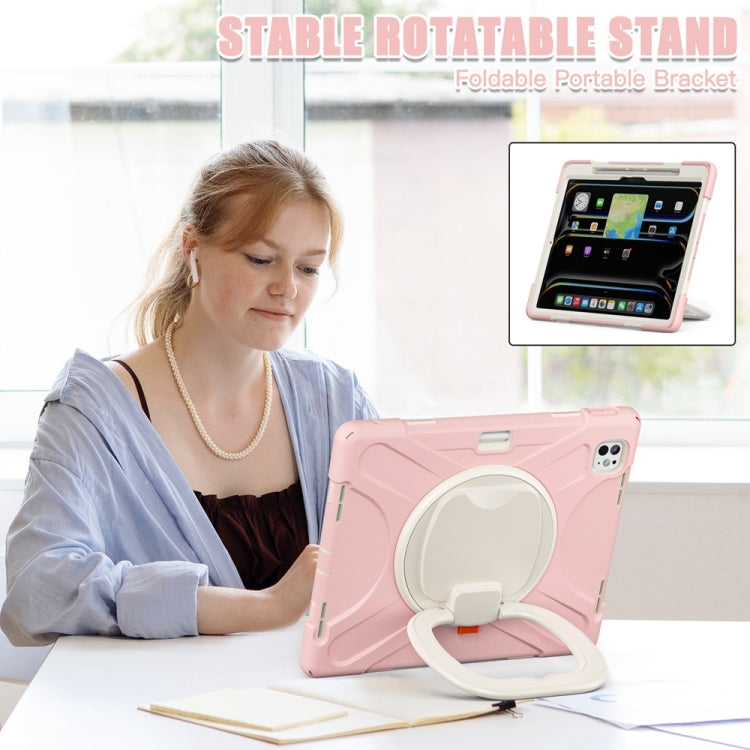 For iPad Pro 13 2025 / 2024 Silicone Hybrid PC Tablet Case with Holder & Shoulder Strap(Cherry Blossom Pink) by buy2fix