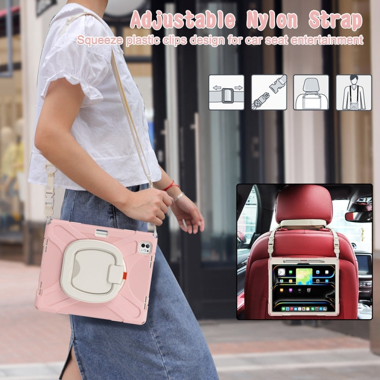 For iPad Pro 13 2025 / 2024 Silicone Hybrid PC Tablet Case with Holder & Shoulder Strap(Cherry Blossom Pink) by buy2fix