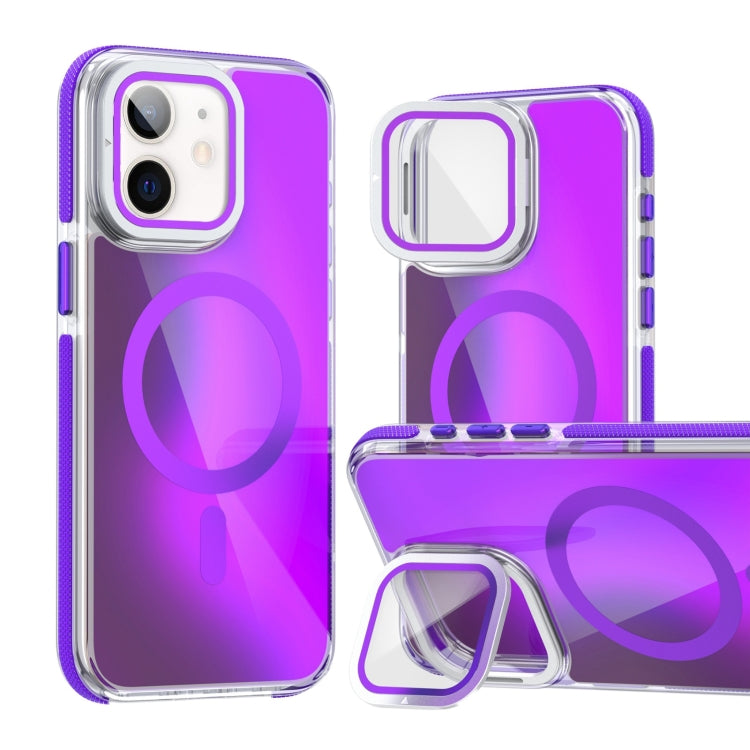 For iPhone 11 MagSafe Gradient Color Lens Film Phone Case with Lens Fold Holder(Purple) - iPhone 11 Cases by buy2fix | Online Shopping UK | buy2fix