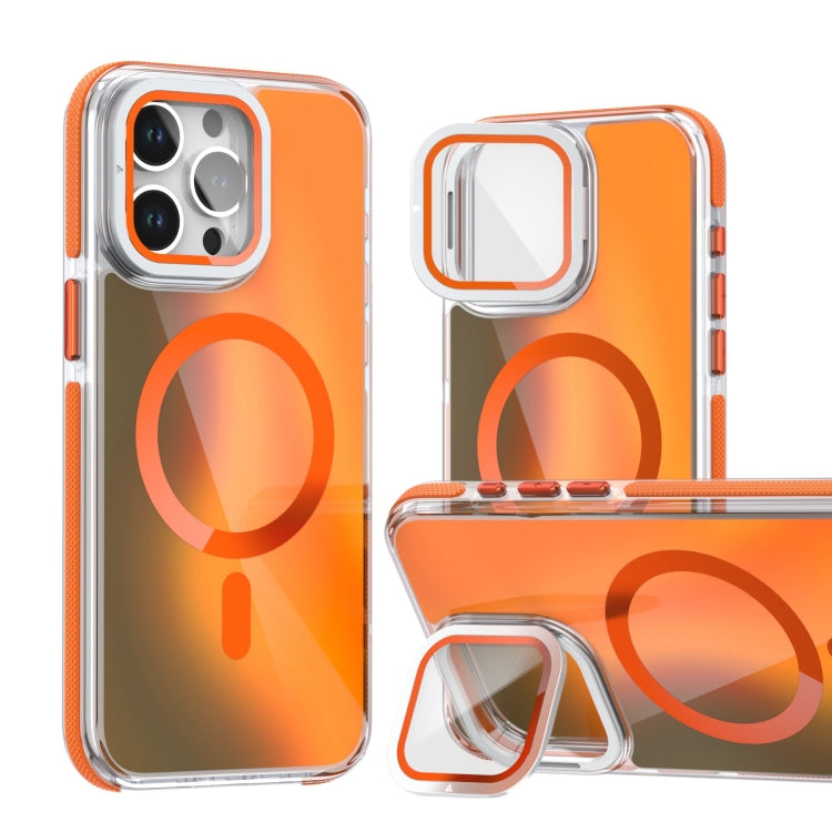 For iPhone 12 / 12 Pro MagSafe Gradient Color Lens Film Phone Case with Lens Fold Holder(Orange) - iPhone 12 / 12 Pro Cases by buy2fix | Online Shopping UK | buy2fix