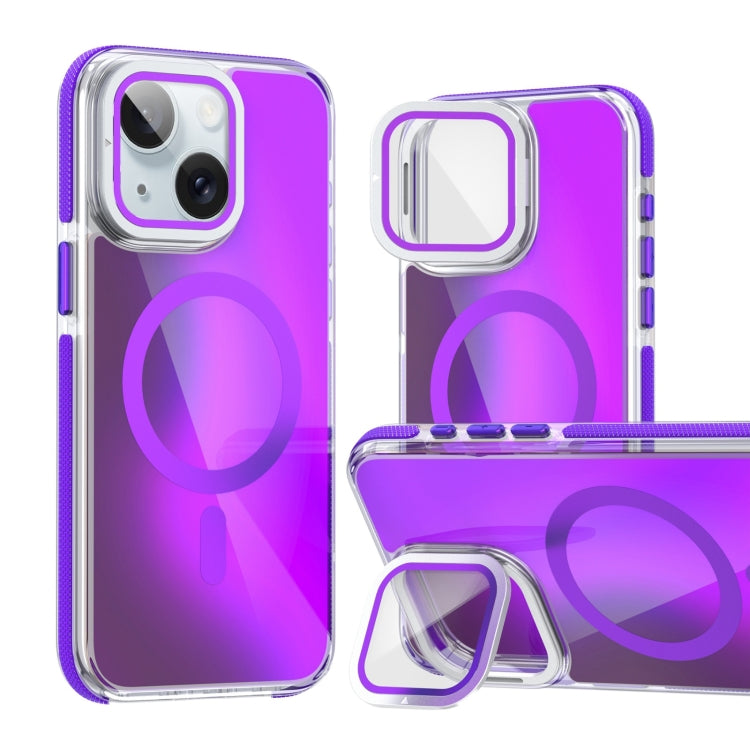 For iPhone 14 Plus MagSafe Gradient Color Lens Film Phone Case with Lens Fold Holder(Purple) - iPhone 14 Plus Cases by buy2fix | Online Shopping UK | buy2fix
