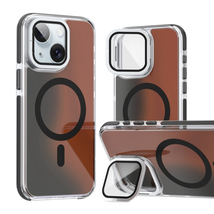 For iPhone 14 Plus MagSafe Gradient Color Lens Film Phone Case with Lens Fold Holder(Black) - iPhone 14 Plus Cases by buy2fix | Online Shopping UK | buy2fix