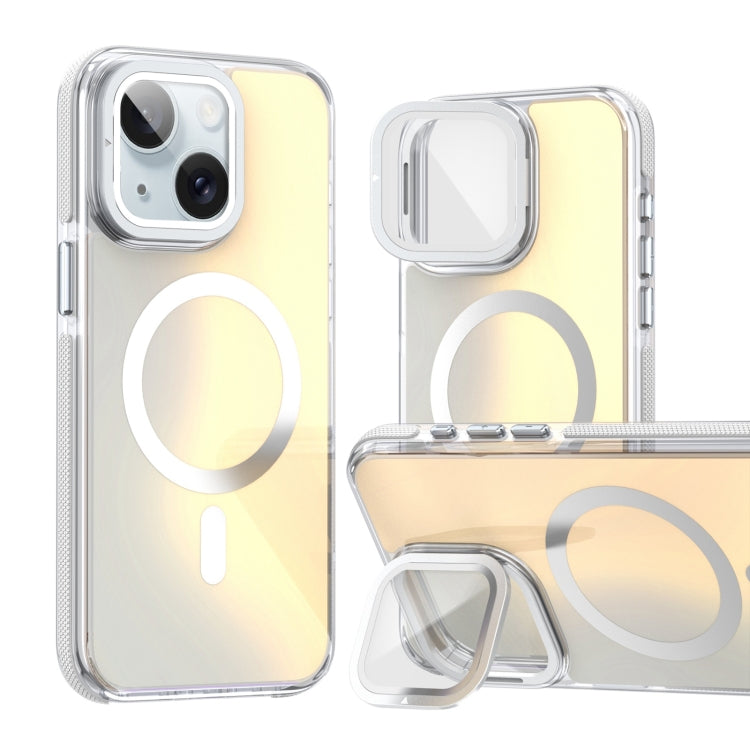For iPhone 14 Plus MagSafe Gradient Color Lens Film Phone Case with Lens Fold Holder(White) - iPhone 14 Plus Cases by buy2fix | Online Shopping UK | buy2fix