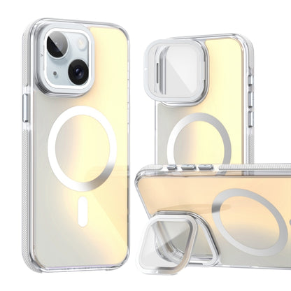 For iPhone 14 Plus MagSafe Gradient Color Lens Film Phone Case with Lens Fold Holder(White) - iPhone 14 Plus Cases by buy2fix | Online Shopping UK | buy2fix