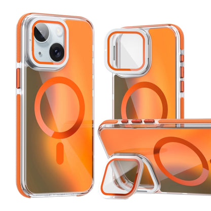 For iPhone 15 MagSafe Gradient Color Lens Film Phone Case with Lens Fold Holder(Orange) - iPhone 15 Cases by buy2fix | Online Shopping UK | buy2fix