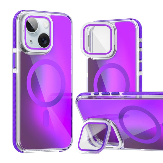 For iPhone 15 Plus MagSafe Gradient Color Lens Film Phone Case with Lens Fold Holder(Purple) - iPhone 15 Plus Cases by buy2fix | Online Shopping UK | buy2fix