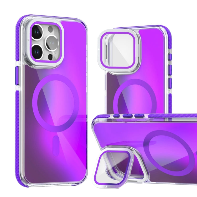 For iPhone 15 Pro MagSafe Gradient Color Lens Film Phone Case with Lens Fold Holder(Purple) - iPhone 15 Pro Cases by buy2fix | Online Shopping UK | buy2fix