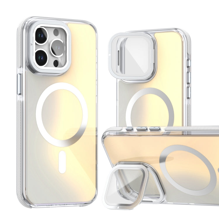 For iPhone 15 Pro MagSafe Gradient Color Lens Film Phone Case with Lens Fold Holder(White) - iPhone 15 Pro Cases by buy2fix | Online Shopping UK | buy2fix