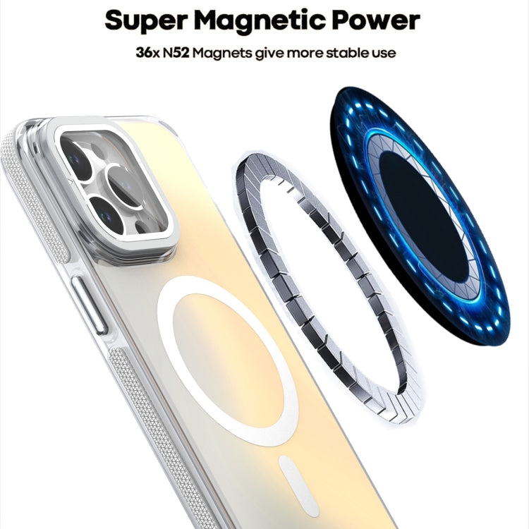 For iPhone 15 MagSafe Gradient Color Lens Film Phone Case with Lens Fold Holder(White) - iPhone 15 Cases by buy2fix | Online Shopping UK | buy2fix