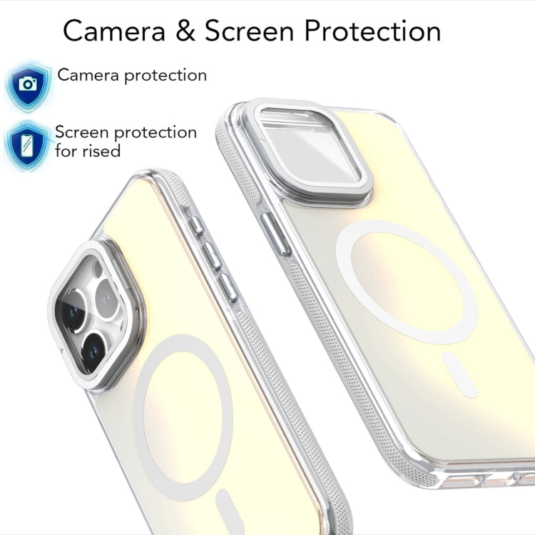 For iPhone 13 Pro MagSafe Gradient Color Lens Film Phone Case with Lens Fold Holder(White) - iPhone 13 Pro Cases by buy2fix | Online Shopping UK | buy2fix
