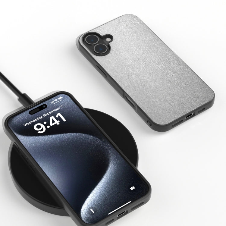 For iPhone 16 PU Leather Black Frame Full Coverage Phone Case(Silver) by buy2fix