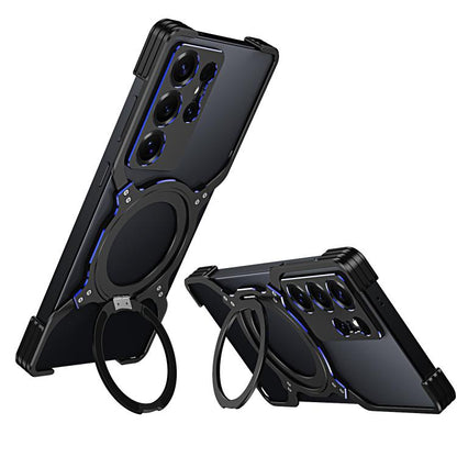 For Samsung Galaxy S25 Ultra 5G Mechanical Arm Borderless MagSafe Holder Metal Phone Case(Black Blue) - Galaxy S25 Ultra 5G Cases by buy2fix | Online Shopping UK | buy2fix