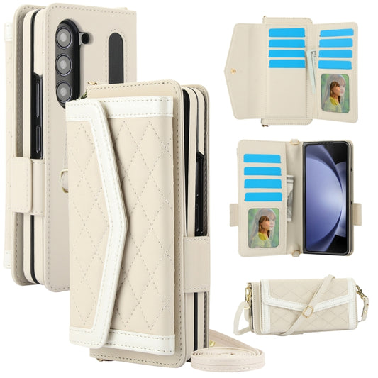 For Samsung Galaxy Z Fold6 Splicing Rhombic Texture Card Holder Phone Case with Lanyard, Not Included Pen(Beige) - Galaxy Z Fold6 5G Cases by buy2fix | Online Shopping UK | buy2fix