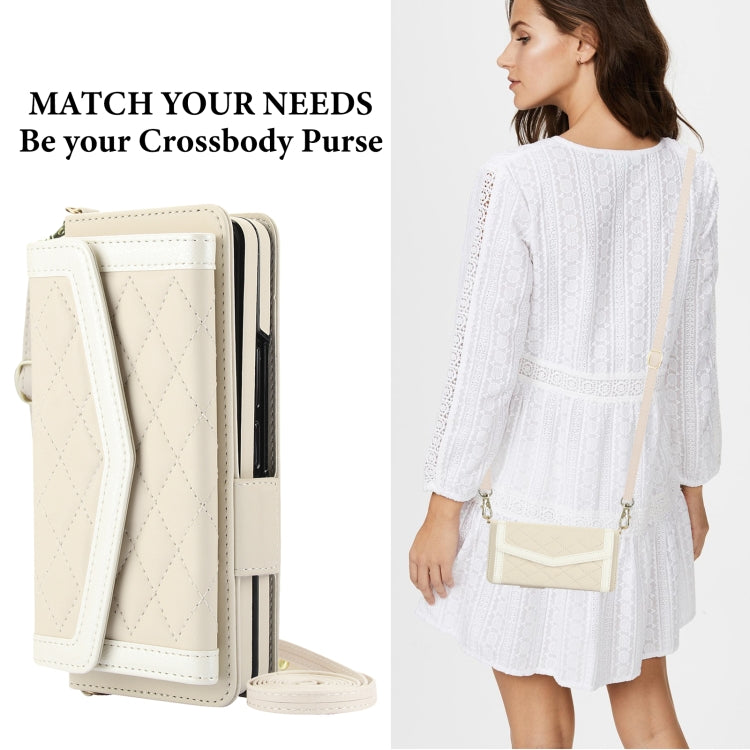 For Samsung Galaxy Z Fold6 Splicing Rhombic Texture Card Holder Phone Case with Lanyard, Not Included Pen(Beige) - Galaxy Z Fold6 5G Cases by buy2fix | Online Shopping UK | buy2fix