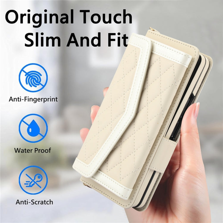 For Samsung Galaxy Z Fold6 Splicing Rhombic Texture Card Holder Phone Case with Lanyard, Not Included Pen(Beige) - Galaxy Z Fold6 5G Cases by buy2fix | Online Shopping UK | buy2fix