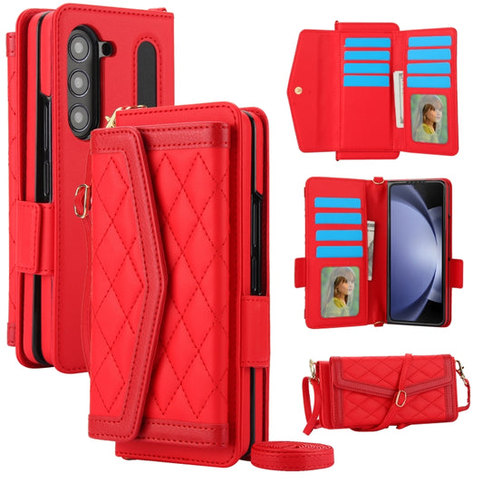For Samsung Galaxy Z Fold6 Splicing Rhombic Texture Card Holder Phone Case with Lanyard, Not Included Pen(Red) - Galaxy Z Fold6 5G Cases by buy2fix | Online Shopping UK | buy2fix