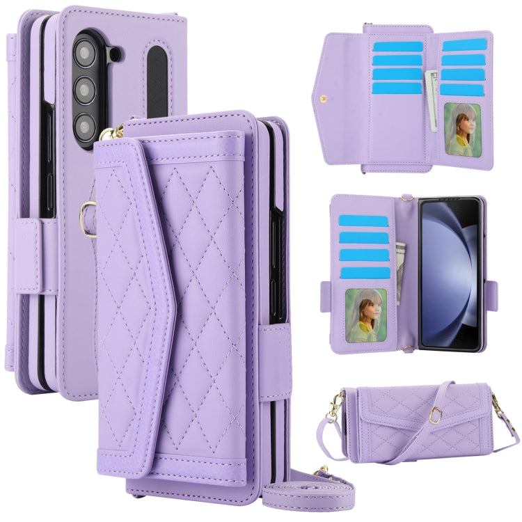For Samsung Galaxy Z Fold6 Splicing Rhombic Texture Card Holder Phone Case with Lanyard, Not Included Pen(Purple) - Galaxy Z Fold6 5G Cases by buy2fix | Online Shopping UK | buy2fix