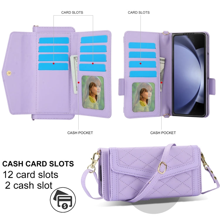 For Samsung Galaxy Z Fold6 Splicing Rhombic Texture Card Holder Phone Case with Lanyard, Not Included Pen(Purple) - Galaxy Z Fold6 5G Cases by buy2fix | Online Shopping UK | buy2fix
