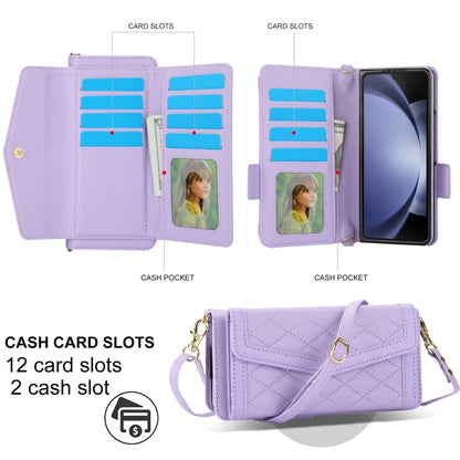 For Samsung Galaxy Z Fold6 Splicing Rhombic Texture Card Holder Phone Case with Lanyard, Not Included Pen(Purple) - Galaxy Z Fold6 5G Cases by buy2fix | Online Shopping UK | buy2fix